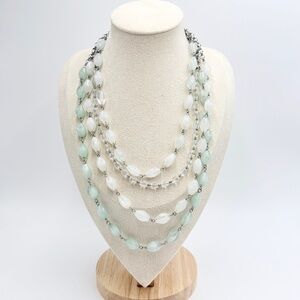 Mint Green & White Multi Strand Beaded Necklace Silver Tone